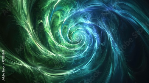 A swirling abstract vortex of light and color, with shades of green and blue blending seamlessly, creating a hypnotic effect