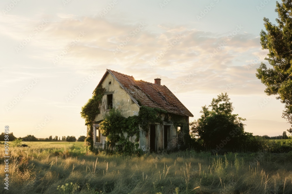 A quaint, abandoned farmhouse overrun by lush greenery stands in a sunlit meadow, evoking nostalgia and the passage of time. A quaint, abandoned farmhouse overrun by lush greenery stands in a sunlit meadow, evoking nostalgia and the passage of time.