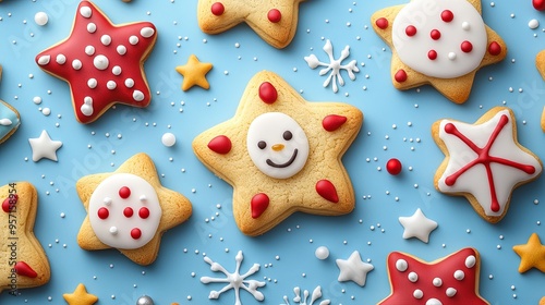 Festive star-shaped cookies meticulously decorated with colorful icing and cute designs such as snowmen and polka dots, perfect for adding cheer to any holiday celebration.