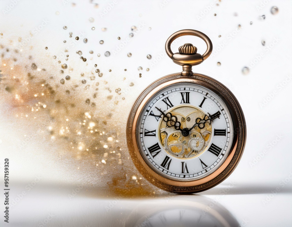 An old pocket watch with floating particles symbolizing the passing of time against a white background An old pocket watch with floating particles symbolizing the passing of time against a white background