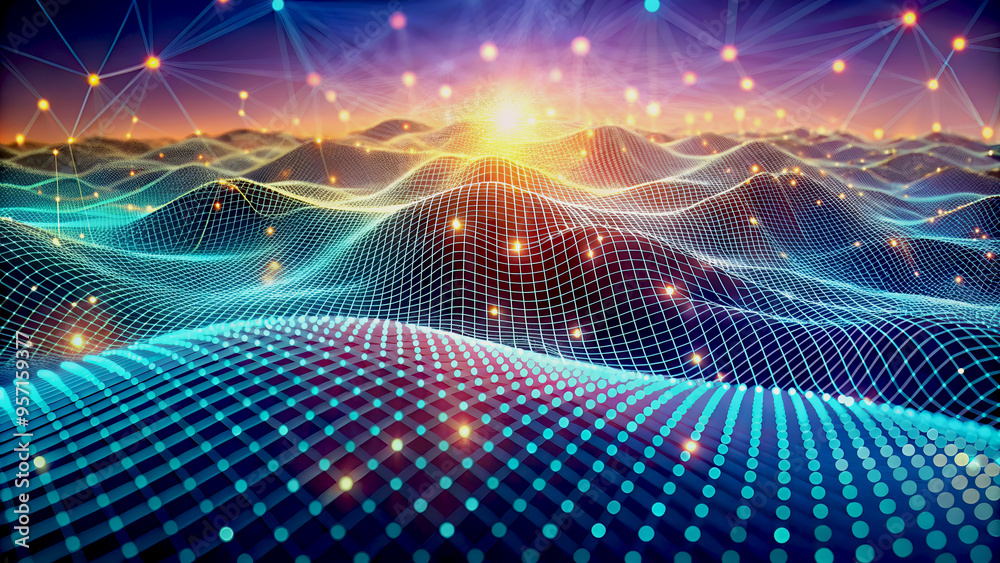 Futuristic 3D Neon Landscape with Digital Grid and Glowing Patterns - YouTube Thumbnail Futuristic 3D Neon Landscape with Digital Grid and Glowing Patterns - YouTube Thumbnail