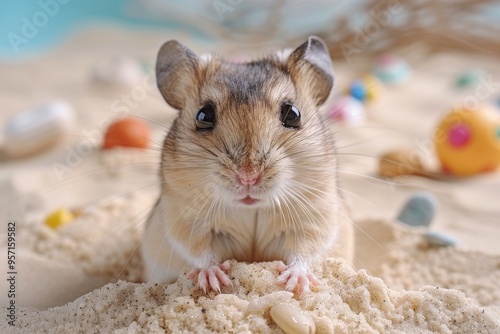 A small hamster looks directly at the camera, sitting in a tiny sandbox filled with toys