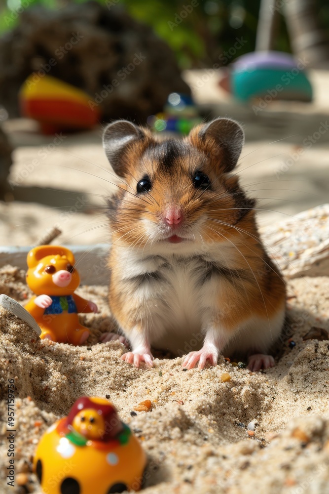 A hamster sits in a small sandbox, surrounded by toys, and looks directly at the camera A hamster sits in a small sandbox, surrounded by toys, and looks directly at the camera