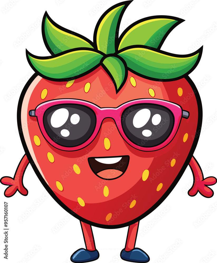 Obraz premium Cute Cartoon isolated Strawberry | with a sunglass & Christmas hat and siting on Easter egg