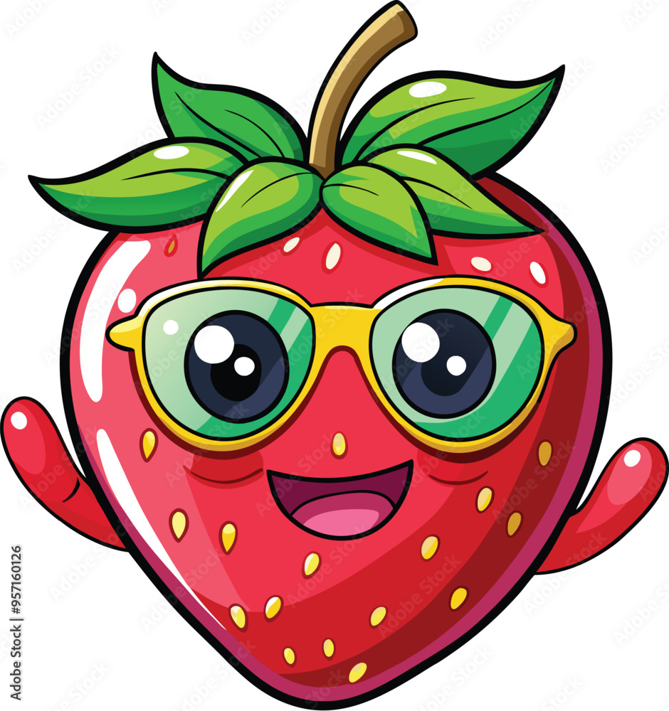 Obraz premium Cute Cartoon isolated Strawberry | with a sunglass & Christmas hat and siting on Easter egg