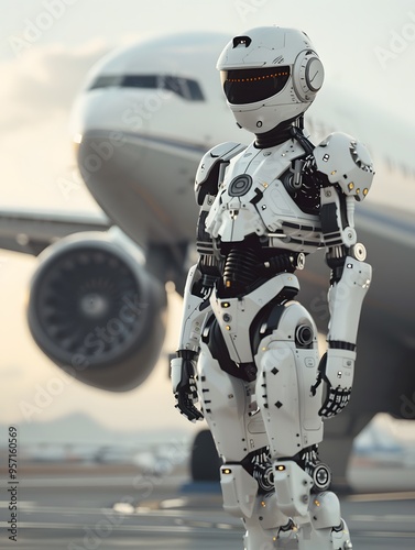 A modern humanoid robot pilot stands on the runway next to a sleek aircraft. The photo highlights the fusion of artificial intelligence and innovative aerospace technology.