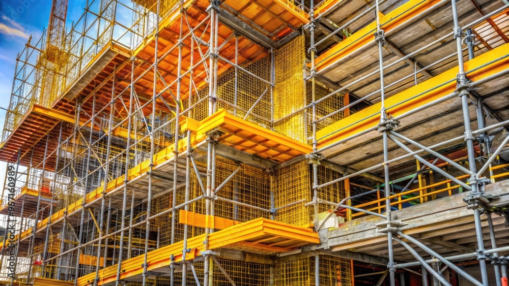 Yellow and orange safety nets and harnesses surround a multi-level scaffolding structure under construction, ensuring a secure working environment for industrious professionals. Yellow and orange safety nets and harnesses surround a multi-level scaffolding structure under construction, ensuring a secure working environment for industrious professionals.