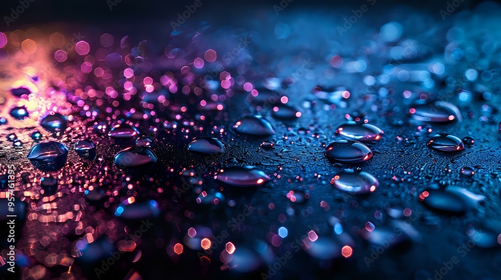 A close-up of water droplets on a surface, reflecting vibrant neon lights in a dark setting. This image captures the beauty of light reflections and textures, evoking a modern and futuristic aesthetic A close-up of water droplets on a surface, reflecting vibrant neon lights in a dark setting. This image captures the beauty of light reflections and textures, evoking a modern and futuristic aesthetic
