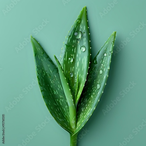  close-up of vibrant green aloe vera leaves with water droplets on a smooth green background. The image highlights the fresh, natural beauty and soothing properties of aloe, making it ideal for wellne photo