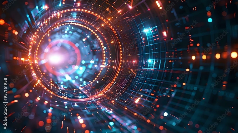 abstract digital artwork featuring glowing lines and particles forming a tunnel-like structure, symbolizing data transmission, technology, and futuristic concepts. Perfect for themes related to AI abstract digital artwork featuring glowing lines and particles forming a tunnel-like structure, symbolizing data transmission, technology, and futuristic concepts. Perfect for themes related to AI