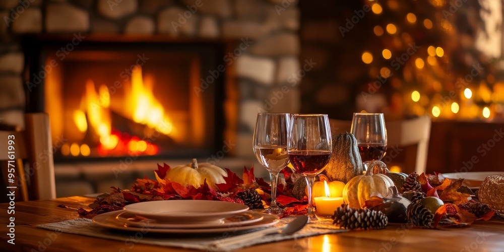 Warm and inviting Thanksgiving dinner setting by a cozy fireplace adorned with autumn decor Warm and inviting Thanksgiving dinner setting by a cozy fireplace adorned with autumn decor