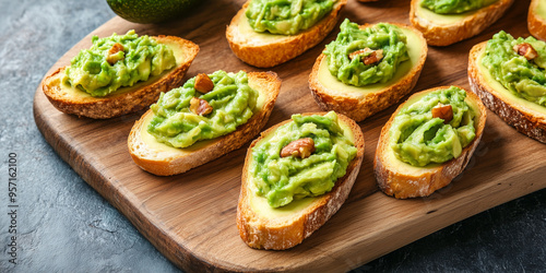 Avocado crostini on a cutting board with evenly spread toppings