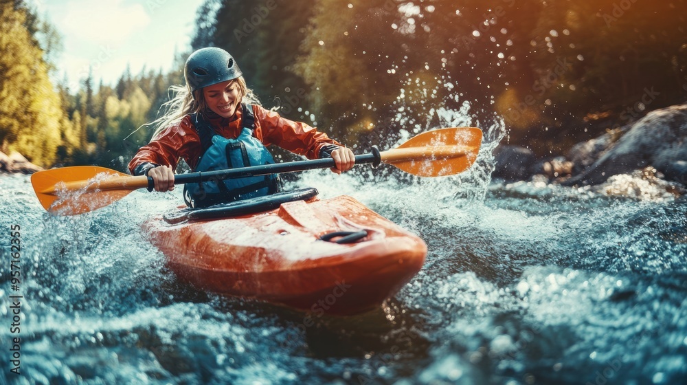 Fototapeta premium A kayaker rafting struggling with water splashes in boat in rapid river in mountain