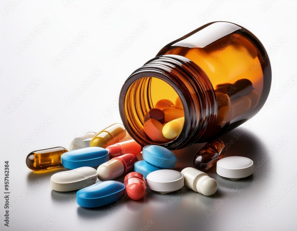 Assorted Pills Spilled from Amber Bottle on White Background Assorted Pills Spilled from Amber Bottle on White Background