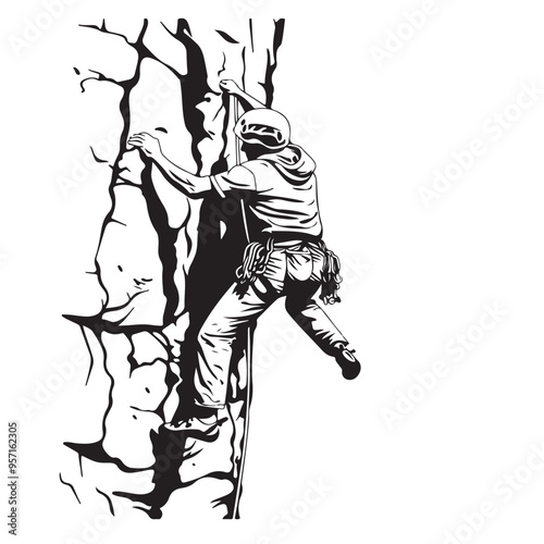 Rock Climbing Vector Illustration: Black and White Image of a Climber Scaling a Cliff