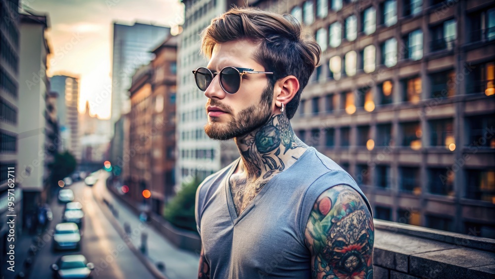 Young urban man with tattoos and a confident smirk wears trendy shades, exuding a street-smart attitude and rebellious charm in a gritty cityscape. Young urban man with tattoos and a confident smirk wears trendy shades, exuding a street-smart attitude and rebellious charm in a gritty cityscape.