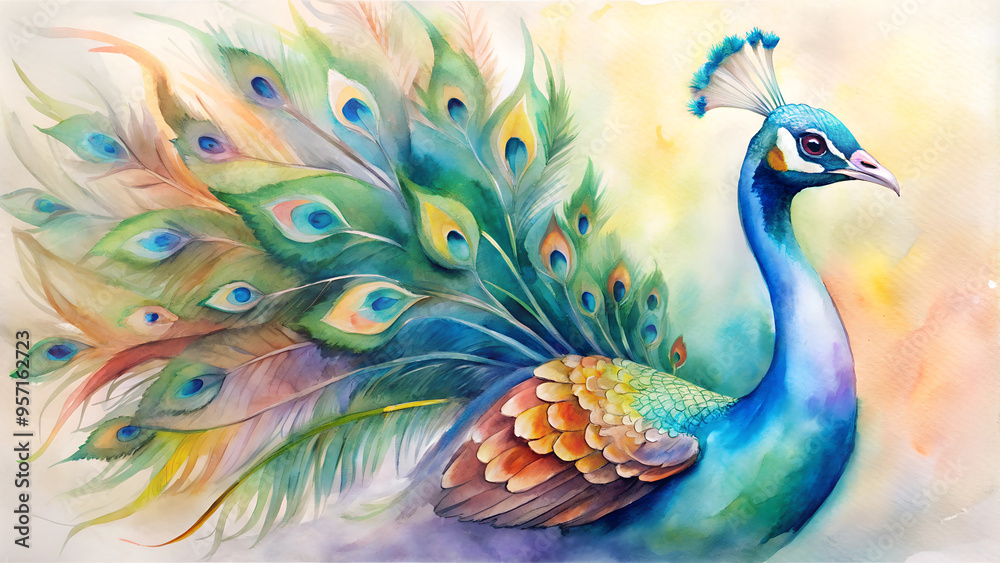 Fototapeta premium Colorful peacock in watercolor style with vibrant feathers and soft background, copy space