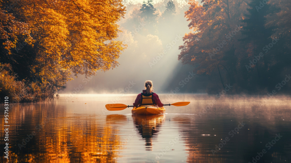 A person kayaking in water with colorful Autumn foliage woods A person kayaking in water with colorful Autumn foliage woods