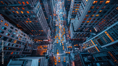 Aerial View of Busy City Intersection with Skyscrapers at Night