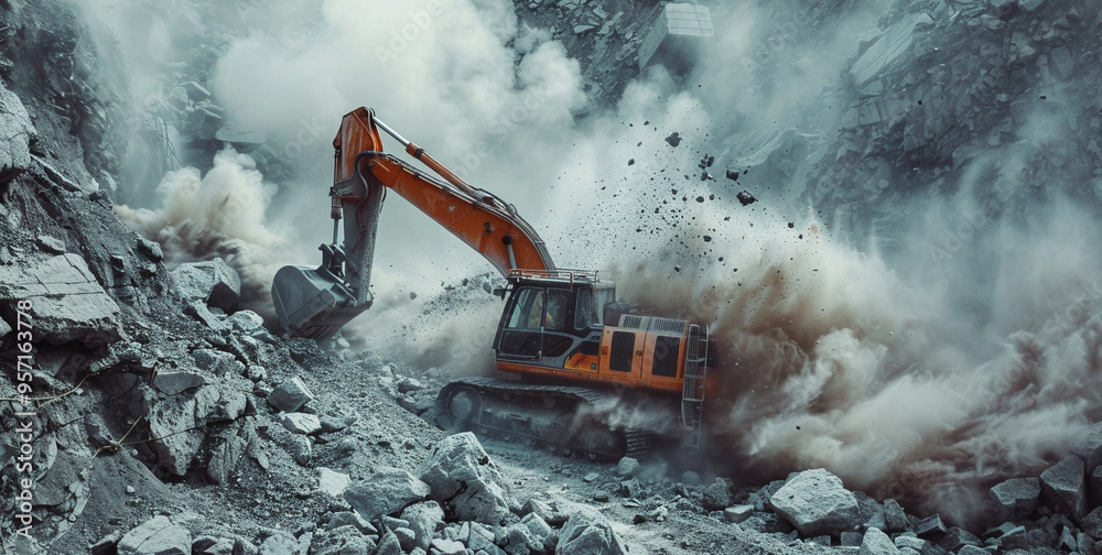 Powerful Excavator Breaking Rocks in a Dusty Quarry Scene Powerful Excavator Breaking Rocks in a Dusty Quarry Scene
