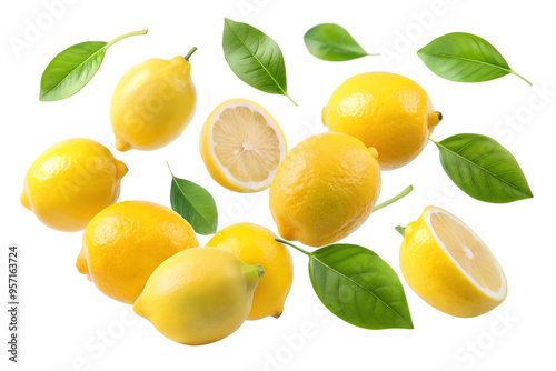 Falling fresh yellow lemons with green leaves isolated on transparent background