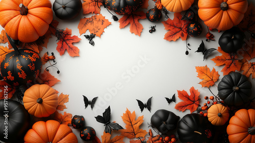 Autumnal Halloween Decorations Flatlay with black and orange pumpkins and leaves on a white background 