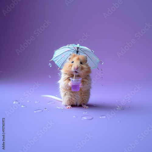 A tiny hamster sits under a miniature beach umbrella, enjoying a refreshing drink on a rainy day