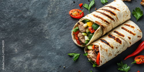 Grilled meat and vegetables arranged in a rolled wrap, lying on a flat surface