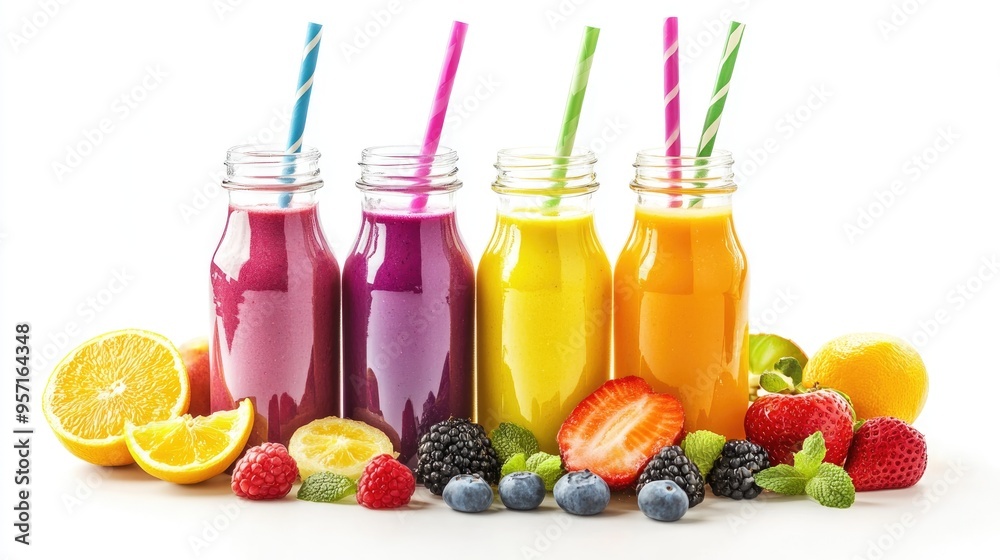 Colorful smoothies in glass bottles with fruits slices and straws on white background Colorful smoothies in glass bottles with fruits slices and straws on white background