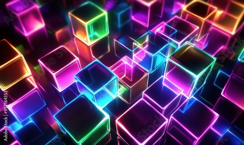 A vibrant and dynamic background featuring multiple glowing neon cubes arranged in an intricate pattern, creating the illusion of depth with their multicolored lights and reflections Generative AI