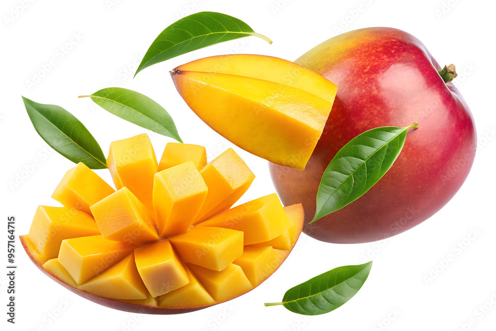 Mango with half slices falling or floating in the air with green leaves isolated on transparent background Mango with half slices falling or floating in the air with green leaves isolated on transparent background