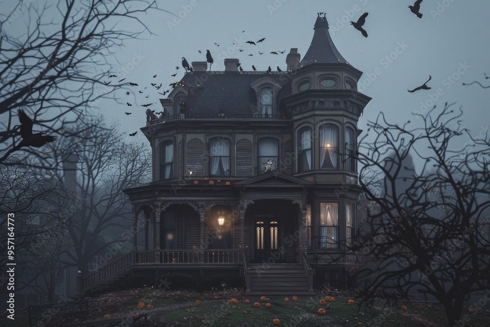 An eerie Victorian mansion at dusk, surrounded by leafless trees and crows, creating a haunting, mysterious atmosphere. An eerie Victorian mansion at dusk, surrounded by leafless trees and crows, creating a haunting, mysterious atmosphere.