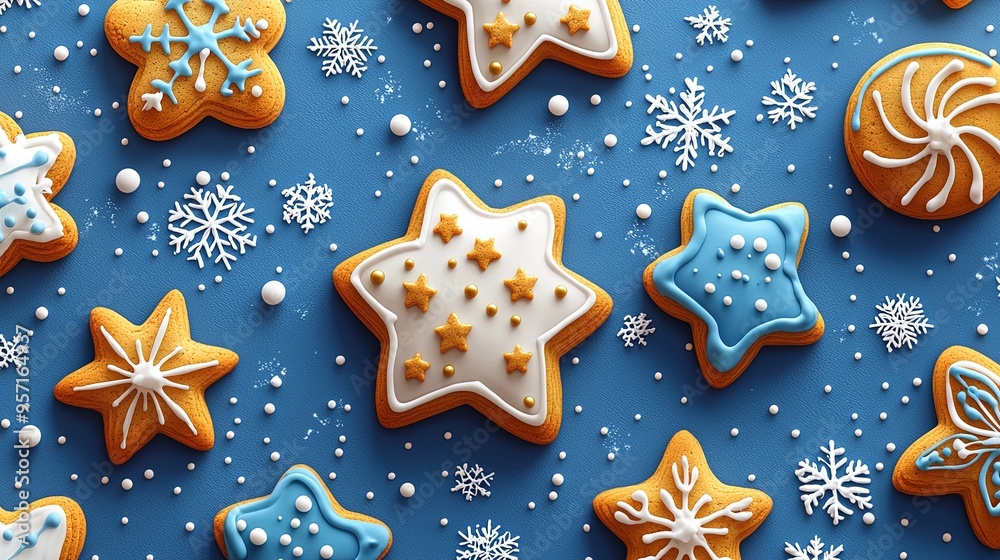 A variety of star-shaped holiday cookies decorated with white and blue icing snowflakes, arranged neatly on a vibrant blue background, emphasizing winter and festivity.