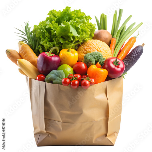 Close up of shopping paper bag full with fruit and vegetables isolated on transparent background photo