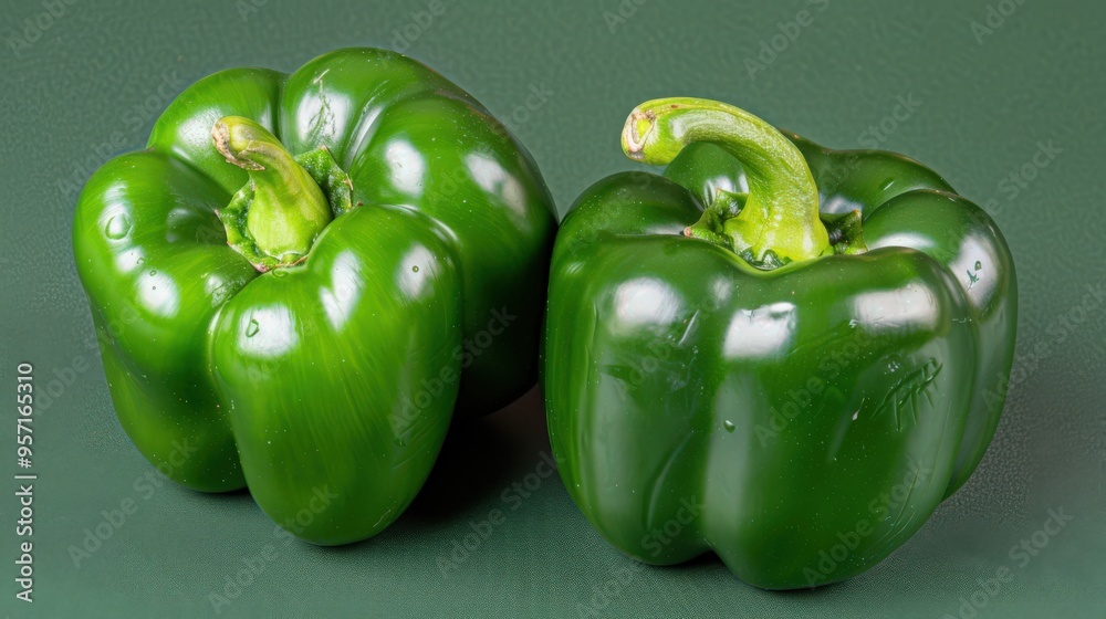 Two green bell peppers displayed against a green background, glossy, fresh appearance peppers contrasts nicely with background, their freshness quality, healthy eating, fresh produce, simplicity. Two green bell peppers displayed against a green background, glossy, fresh appearance peppers contrasts nicely with background, their freshness quality, healthy eating, fresh produce, simplicity.