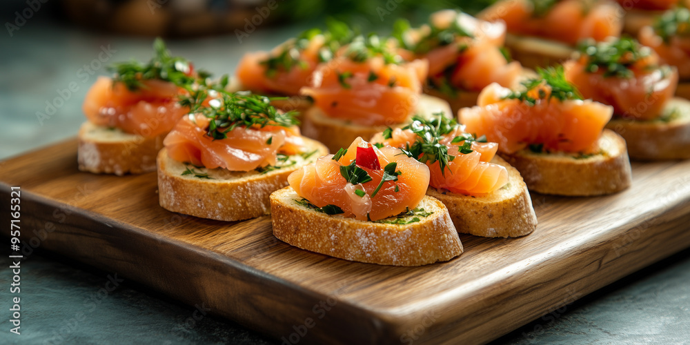 Smoked salmon crostini lined up on a wooden board with garnishes Smoked salmon crostini lined up on a wooden board with garnishes