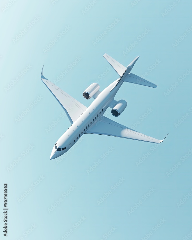 Sleek white airplane flying in clear blue sky above. Sleek white airplane flying in clear blue sky above.