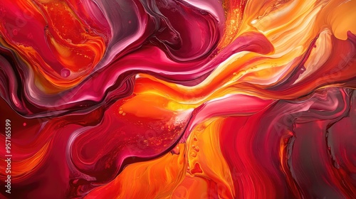 Abstract fluid forms in shades of red and orange, swirling together to create a vibrant, energetic composition