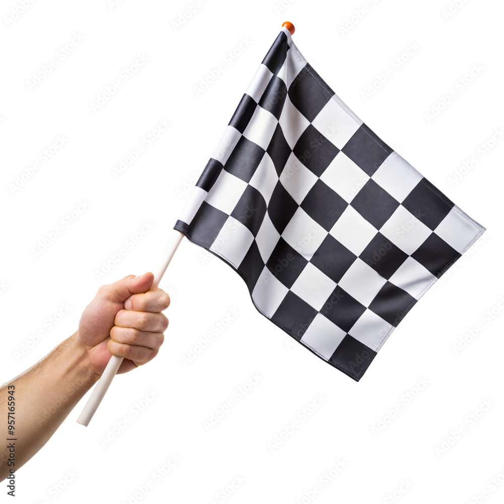 Hand holding checkered racing flag isolated on transparent background Hand holding checkered racing flag isolated on transparent background