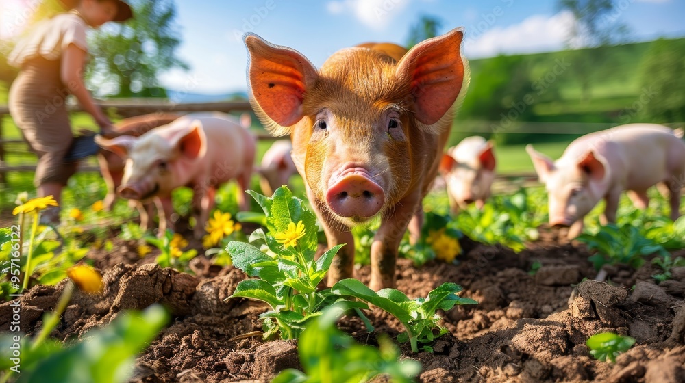 Farmer utilizing technology to monitor data on tablet surrounded by curious pigs on sunny day Farmer utilizing technology to monitor data on tablet surrounded by curious pigs on sunny day