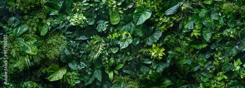 Emerald Oasis: Lush Green Plants Creating a Stunning Tropical Plant Wall in a Cloud Forest Paradise