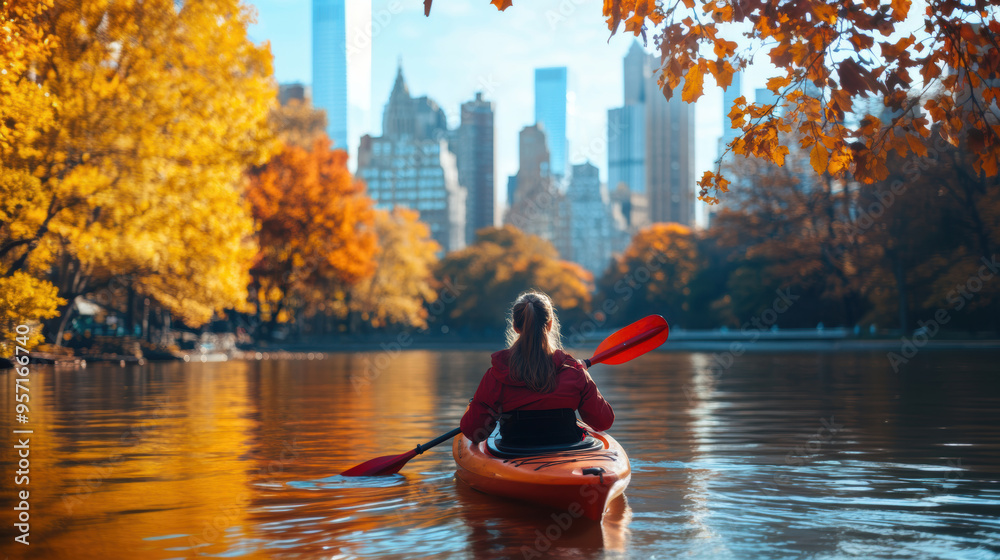 A senior female kayaking in still lake water with colorful Autumn foliage woods and city skyscrapers. A senior female kayaking in still lake water with colorful Autumn foliage woods and city skyscrapers.