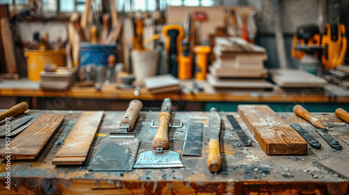 Construction Tools On Workbench In Workshop Setting photo