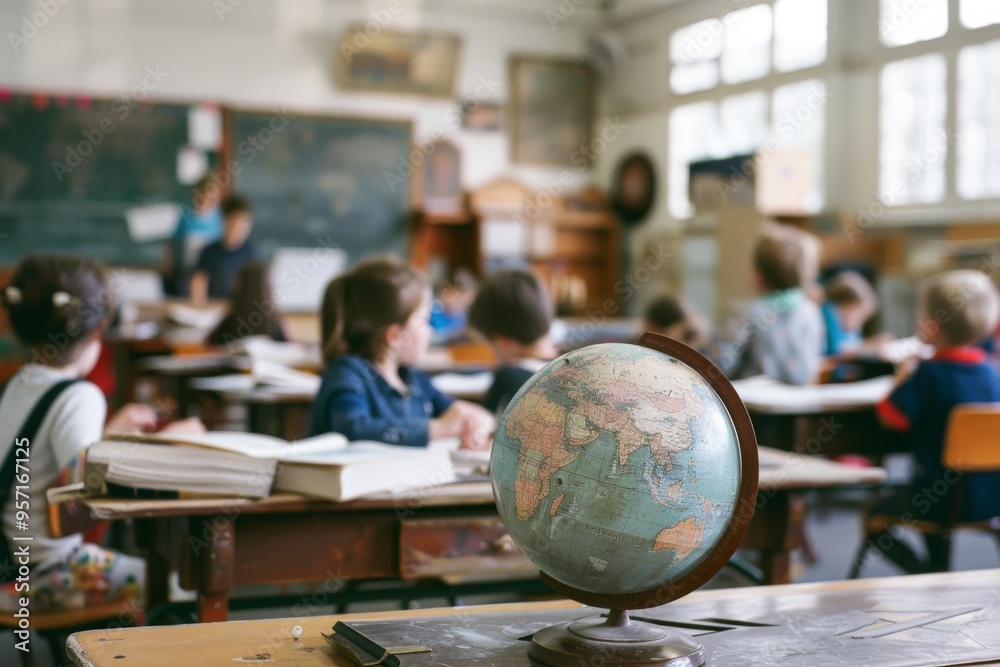 A globe prominently displayed in the foreground of a classroom with young students engaged in learning activities in the background. A globe prominently displayed in the foreground of a classroom with young students engaged in learning activities in the background.