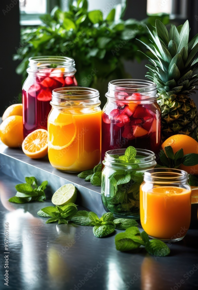 colorful array fresh drink ingredients displayed sleek modern countertop bright lighting, beverage, cocktail, smoothie, juice, fruits, vegetables, herbs colorful array fresh drink ingredients displayed sleek modern countertop bright lighting, beverage, cocktail, smoothie, juice, fruits, vegetables, herbs