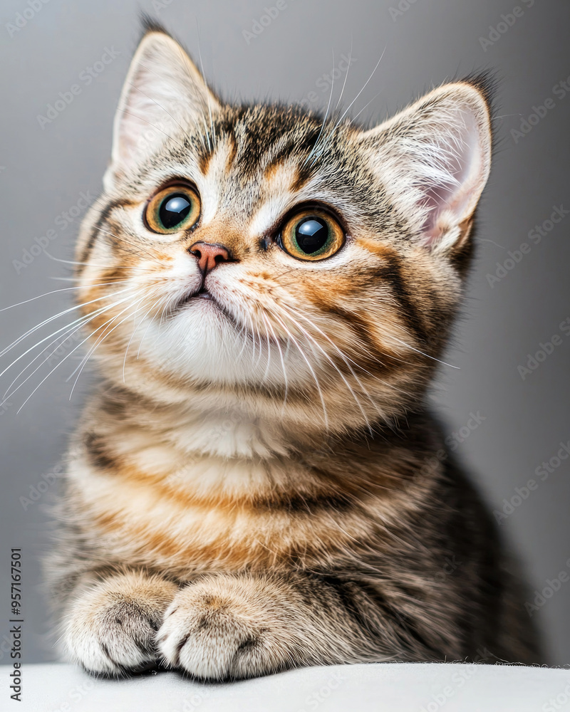 A cute and curious kitten with striking eyes, showcasing playful innocence and charm against a soft background.
