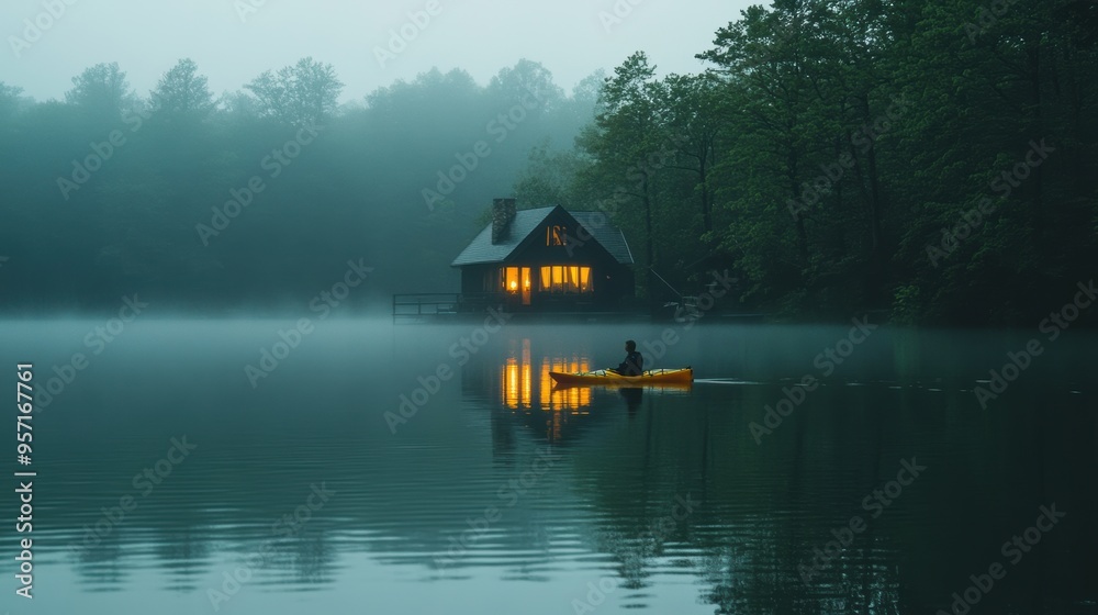 Fototapeta premium A man kayaking in still lake water with forest and lake house