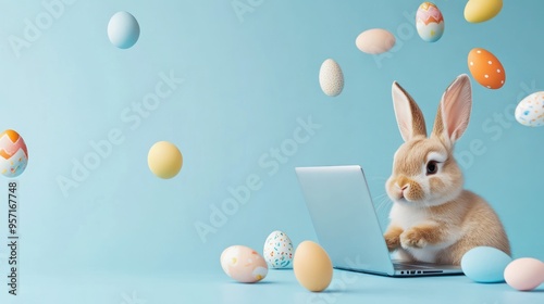 Easter Bunny on Laptop with Eggs