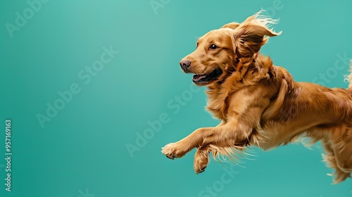 Retriever dog leaping over an immaculate turquoise green backdrop photo