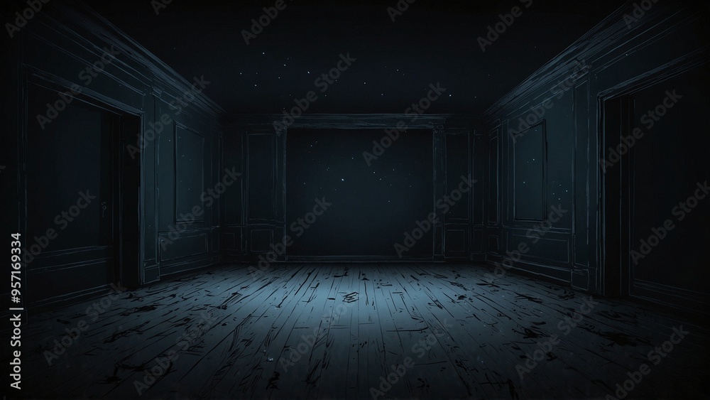 Dimly lit empty room with stars and worn flooring at night Dimly lit empty room with stars and worn flooring at night